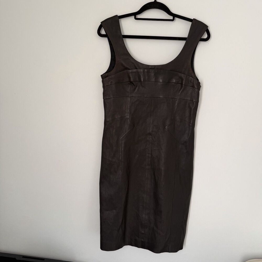 PUNTO Leather & Fur Genuine Lambskin Sheath Dress Size 4- 6 Dark Brown Luxury